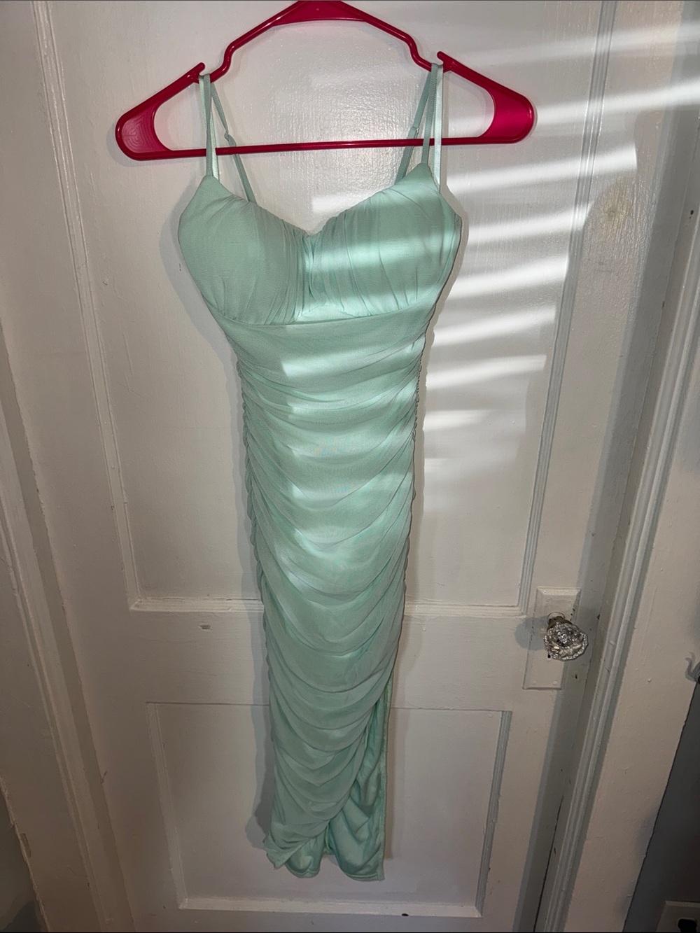 Windsor Mint Green Ruched Spaghetti-Strap Maxi Dress